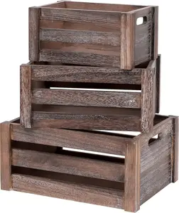 Large Vintage Rustic Brown Solid Wooden Crates Set of 3, Handmade Wood Crates with Handles, Rustic Decorative Solid Wood Boxes for Storage or Display