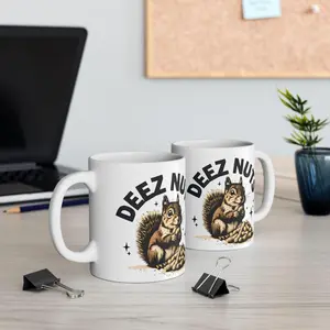 Deez Nuts Squirrel Mug, Funny Meme Coffee Cup with Cute Nut-Loving Squirrel Illustration, Perfect Gag Gift for Friends & Office Humor