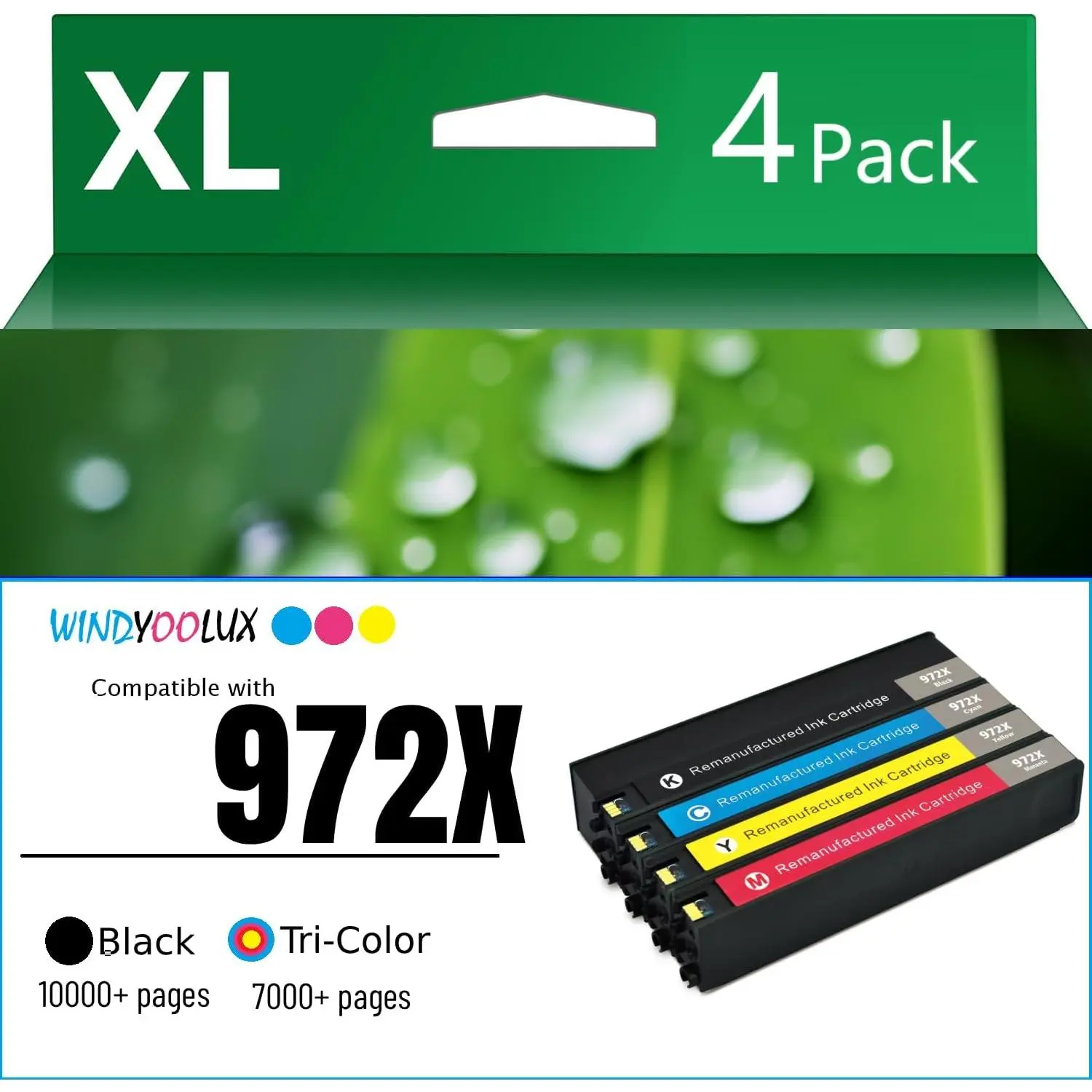 972X High Page Yield Ink Cartridges Replacement 4-Pack (Black,Cyan,Yellow,Magenta) - Chip-Equipped with Latest Chip, Compatible with HP 972A/972, HP PageWide Pro 452dw/352dn/477dw/477dn/552dn/552dw/577dw/577z/P55250dw Printers, 5% Coverage on A4 Paper