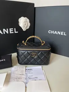 Pre-owned CHANEL Black Lambskin Diamond Handle Vanity Case – Year 2023 – Chip Version – with Mirror Film & Full Set of Accessories including Receipt