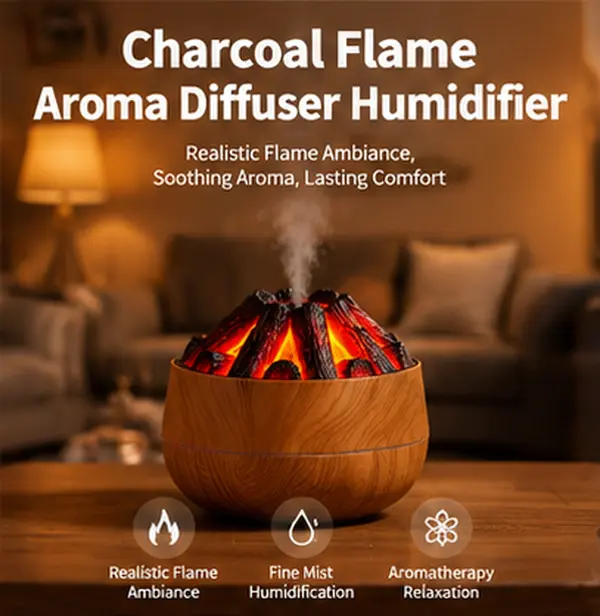 Flame Aroma Humidifier for Bedroom, Wood Grain Essential Oil Diffuser with Realistic Charcoal Fire Effect & Fine Mist