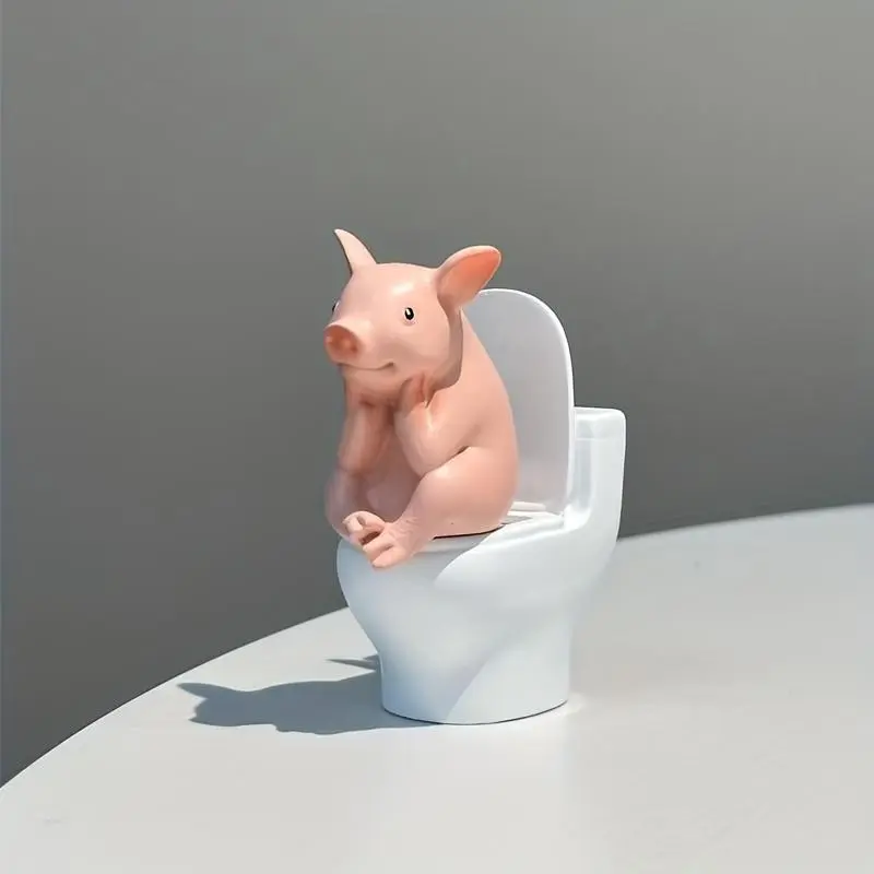 Cute Pig Sitting Toilet Sand Sculpture, Desk Ornament, Punny Bathroom Decor, Small Table Decoration, Unique Office Accessory, Animal Decorations, Collectible Figurine