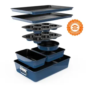 Nutrichef 8-Piece Nonstick Bakeware Set - Blue | Space-Saving & Stackable Carbon Steel Baking Pans - Oven Bakeware with Cookie Sheet, Muffin, Loaf, Round, Square & Deep Cake Pans – Dishwasher Safe & Easy-Clean - Kitchen Baking Accessory