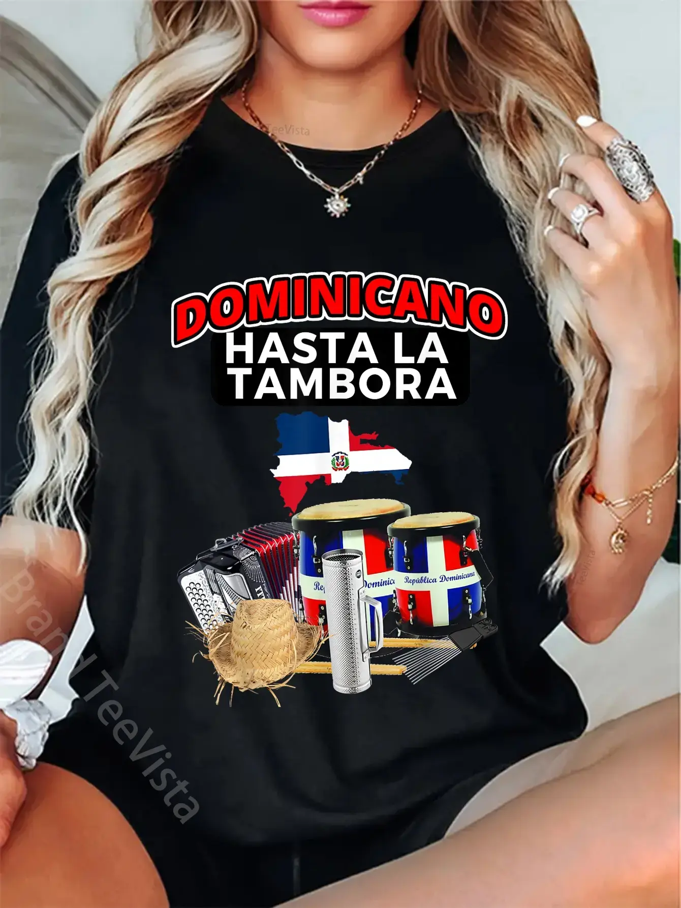 Women's Dominicano Hasta La Tambora Graphic Printed Vintage Casual Festival T-Shirt, Check