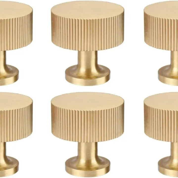 6pcs Solid Brushed Brass Cabinet Knobs Set - 1in Diameter, 0.7in Base Diameter, Fingerproof, Water Spot Resistant Modern Handles for Kitchen Cabinets, Bathroom Vanities, Drawers