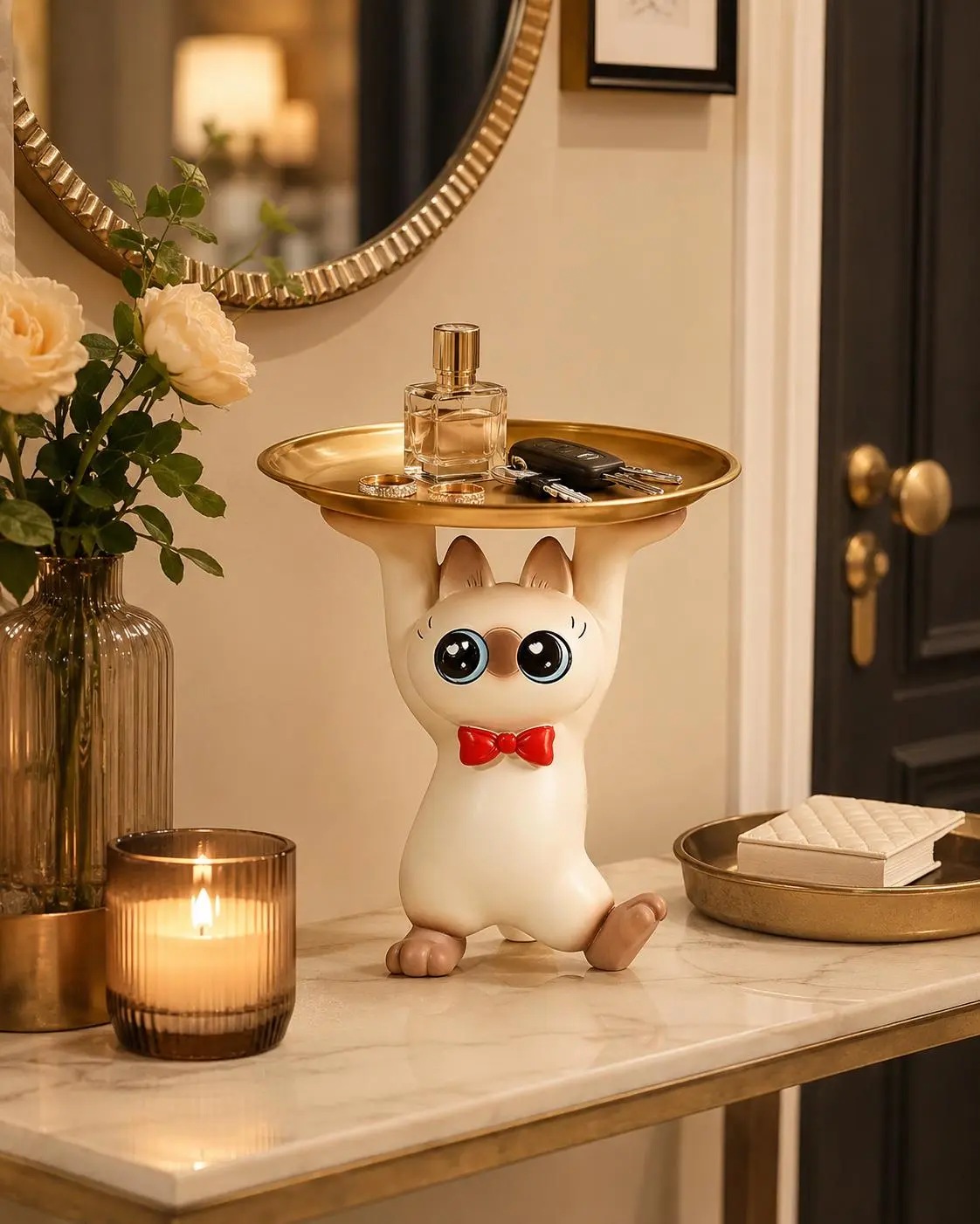 Resin Cat Decorative Tray - Cute Cat Figurine Key & Jewelry Organizer, Home Decoration for Entryway Table, Ideal Housewarming Gift