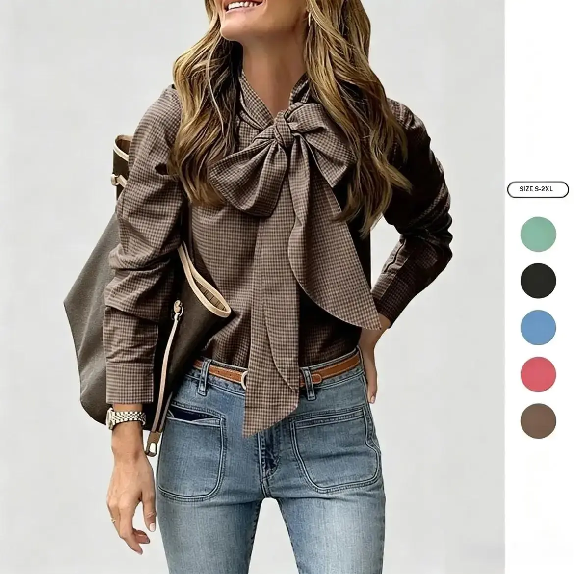 Imily Bela Womens Plaid Shirts Bow Tied Neck Button Down Long Sleeve Casual Dressy Blouse Tops Womenswear Chic