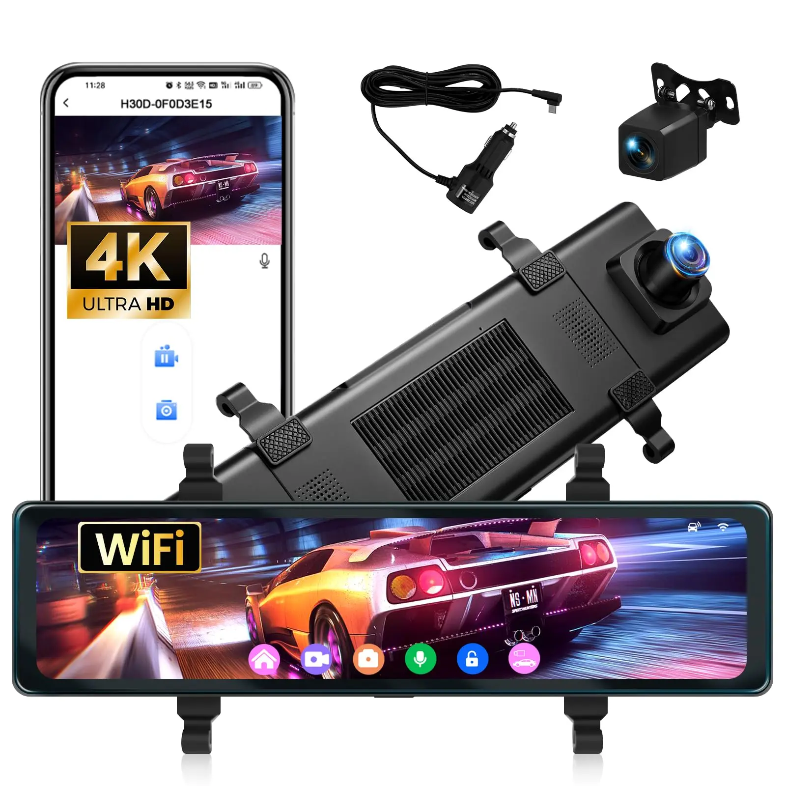 4K Car Mirror Dash Cam 11.26" Rear View Mirror Front and Rear View Dual Cameras with Night Vision,Wi-Fi, APP Support, G-Sensor,Loop Recording,Parking Assistance,24H Parking Monitor,Waterproof Backup Camera+64G TF Card