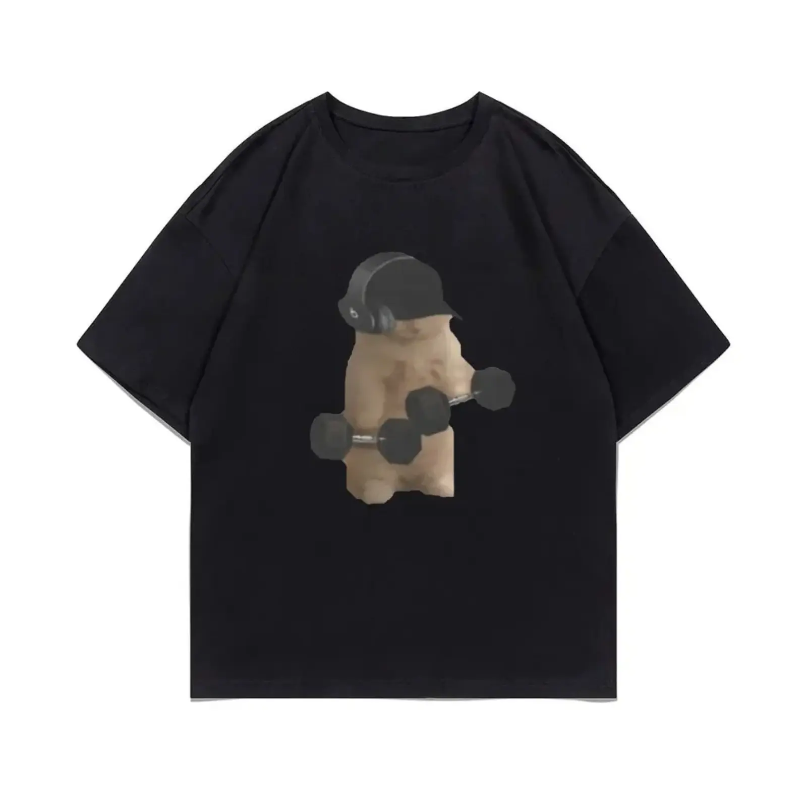 Unisex Menswear Funny Gym Cat Meme Cotton Short-Sleeve T-Shirt - Drop Shoulder, Round Neck, Soft Cartoon Style Sports Top for Casual Summer Fitness (Sports & Outdoor Clothing), Shortsleeve
