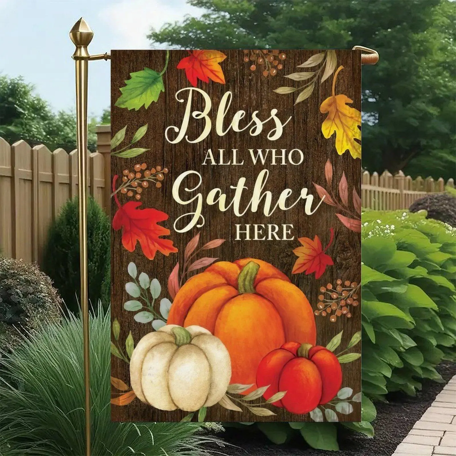 Bless All Who Gather Here Orange White Red Pumpkin Maple Leaf Berry Wooden Background Double Sided Garden Flag 12x18in, Fall Thanksgiving Farmhouse Outdoor Yard Decor