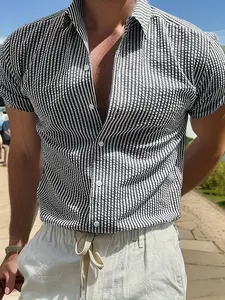 Men's Casual Fitted Striped Textured Fabric Summer Short Sleeve Collared Shirt, Stylish and Comfortable, Perfect for Daily Wear