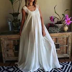Women's Lace Crochet Shoulder Smocked Bust Oversized Maxi Dress Flowy A-Line Sleeveless Floor Length Boho Beach Vacation Sundress Plus Size Friendly summer clothes woman milkmaid