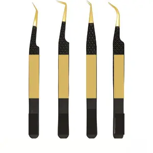 Professional Eye Lashes Tweezers Set of 4 Gold Black Gold