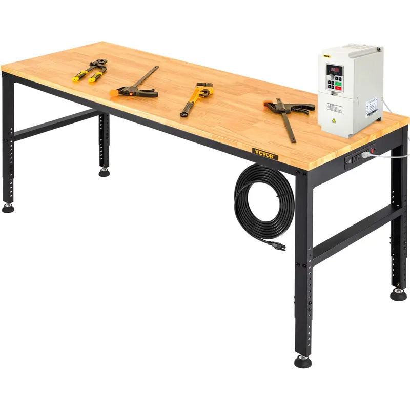 【toolupgrade】VEVOR Heavy Duty Adjustable Height Workbench Desk - 61"x20" Freestanding, 1.2" Solid Hardwood Top, Stable Steel Frame, 27.1"-36" Height, 2000lb Load Capacity, Foot Pads, Power Outlets, 2 USB-A Ports, Easy Setup for Workshop & Home Garage