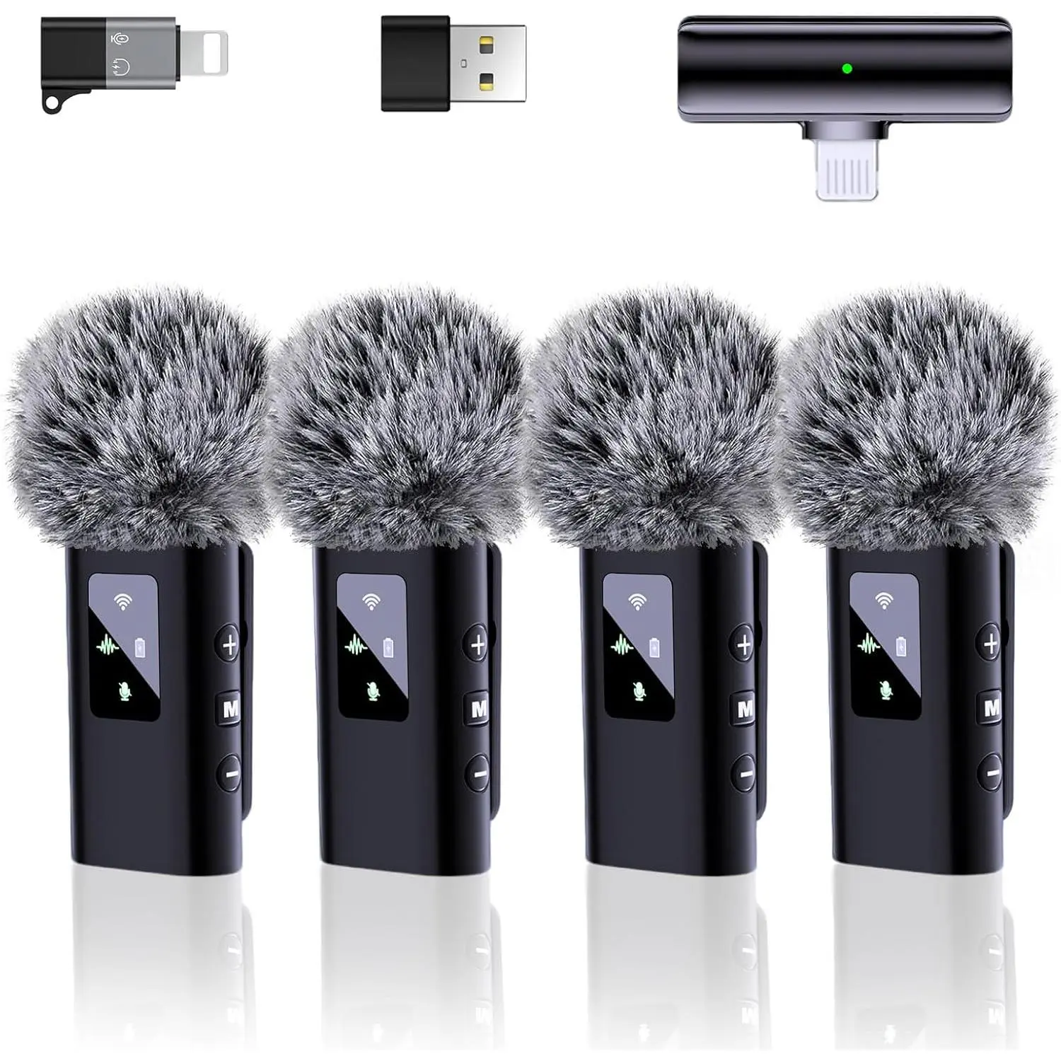 4-Pack Lavalier Lapel Microphones for Android Smartphones & Tablets, Pro Mini Mic with 48KHz 24Bit Audio, Noise Cancellation, Reverb, Lightning/USB Adapters, Plug & Receiver for Content Creators’ Video Recording Vlog