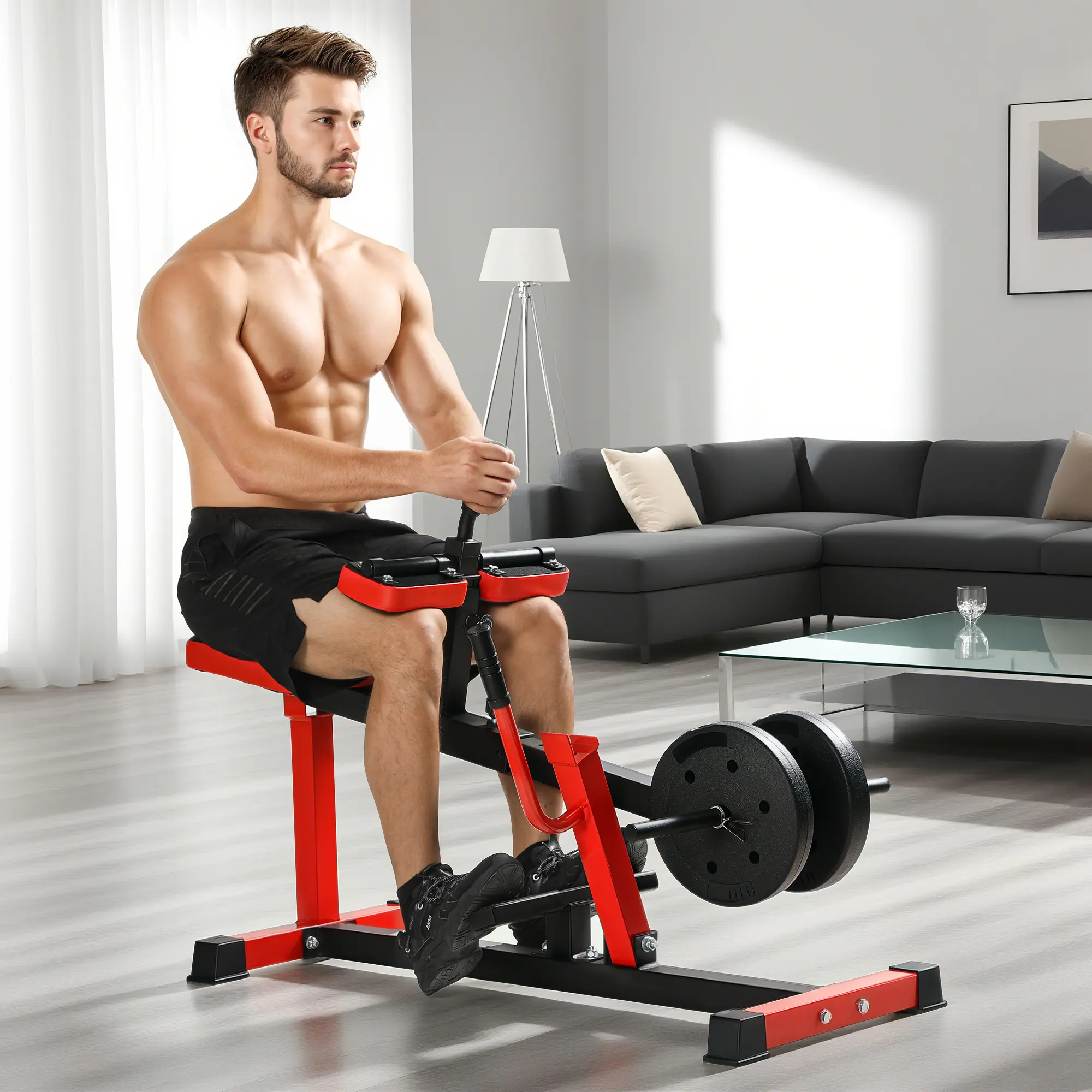 Red Adjustable Steel Seated Calf Raise Machine 5 Handle Heights 4 Length Settings Powder Coated Frame 440Lbs Load Fit 1 And 2 Inch Weight Plates For Strength Training