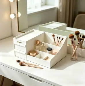 Large White Makeup & Jewelry Storage Box - Multifunctional Vanity Organizer with Bins for Brushes, Lipsticks, Nail Polish & Toothbrush