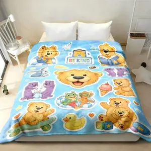 Kawaii Be Kind Bear Blanket, Watercolor Animal Print Soft Plush Kids Cartoon Throw, Cozy Teddy Bear Baby Blanket, Cute Printed Blanket, Soft Comfy Toddler Blanket, Nursery Decor, Perfect Gift for Kids, Birthday, Baby Shower & Easter Gift
