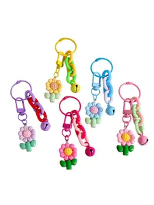 SET OF 5 - Cute Flower with Bell Girls Keychain Vibrant Colors Fun Design for Kids Accessories C Hook Ideal for Children Versatile Use