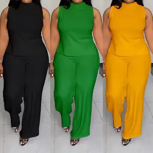 plus Size Women's Solid Color Casual Sleeveless Trousers Suit Strapless Pants Set Formal Womenswear Clothes Basic Green Minimalist Gamis two piece set outfits women
