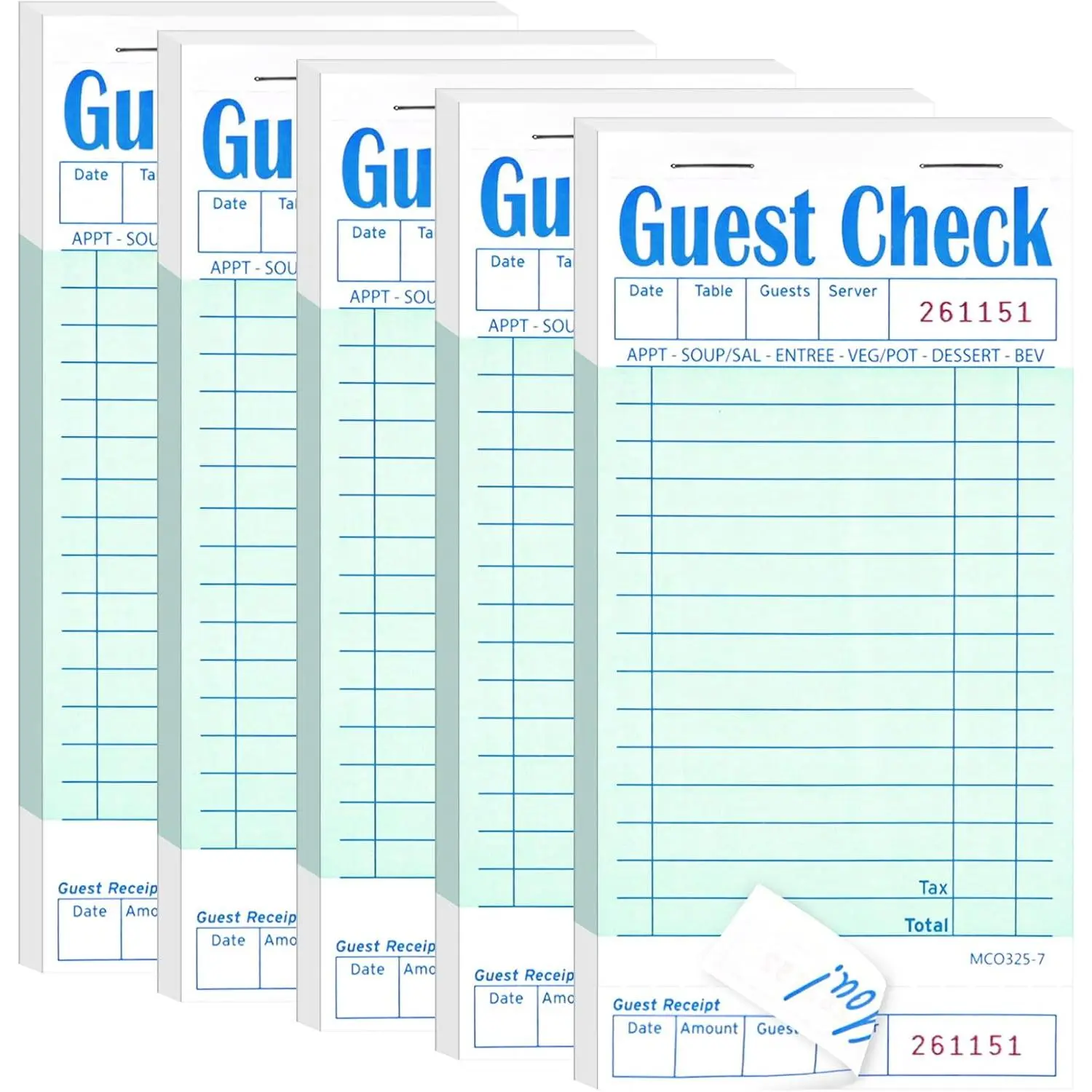 5 Pack Guest Check Books, Server Note Pads for Restaurant, Green Waiter Checkbook, Waitress Notepad,  Receipt Book, Restaurant Order Pad 50 Sheets/Pack, 250 Total Tickets