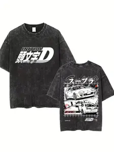 Men's "INITIAL D GTR Racing Car" Graphic Vintage Washed Heavy Cotton T-Shirt, with Retro Double-Sided Water Wash T-Shirt style, featuring Graphic Concert T-Shirt element