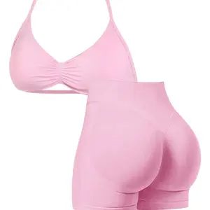 LuLu Dupe Workout Set – Seamless Halter Neck Sports Bra High Waist Scrunch Butt Leggings 2 Piece Yoga Outfits for Women