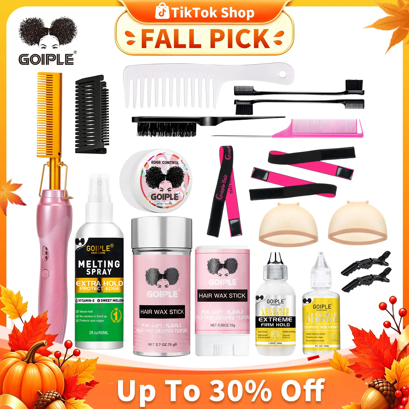 Goiple Pink Adjustable Electric Hot Wide Tooth Comb Styling Appliance - Curlers Straighteners, Hair Straightening Irons, 2fl oz Lace Melting Spray, 2.7oz Wax Stick, 38ml Wig Glue, Edge Brush, Anti-Scald Case, Tools for All Hair Types & Wigs