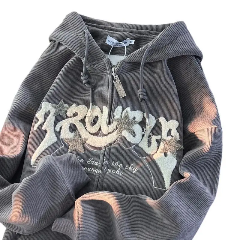 Y2k Hoodie, Star Zip Hoodie, Corduroy, OversizedStreetwear, Vintage Pattern, Sweatshirt, LooseJacket Flag Drop Shoulder Sweater varsity jacket