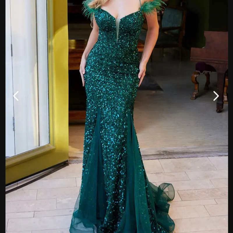 Green Sheer Bodice Sequin Glitter Trumpet Dress with Feather on Straps, Sleeveless, Maxi Length, Casual Women's Summer Wear - Floral, Womenswear