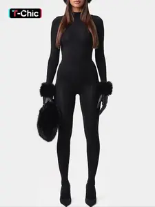 Women's Cute Plush Patchwork Knit Bodysuit, High Neck Warm Soft Skin-Friendly Tight Fit Party Club Jumpsuit, Casual Winter Wear, Long Sleeve One-Piece, Womenswear, Lady