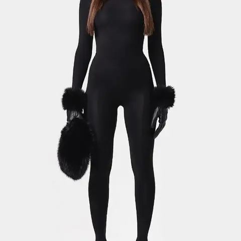Women's Cute Plush Patchwork Knit Bodysuit, High Neck Warm Soft Skin-Friendly Tight Fit Party Club Nightclub Style Jumpsuit, Jumpersuit, Casual Winter Wear, Long Sleeve One-Piece, Womenswear, Lady
