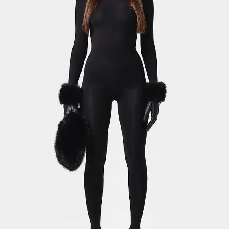 Women's Cute Plush Patchwork Knit Bodysuit, High Neck Warm Soft Skin-Friendly Tight Fit Party Club Nightclub Style Jumpsuit, Jumpersuit, Casual Winter Wear, Long Sleeve One-Piece, Womenswear, Lady