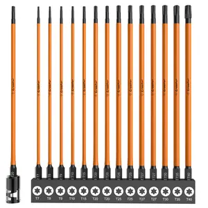 Crosstar 6IN Impact Long Torx Bit Set 15pcs (TT7-TT40), S2 Steel Security Torx Bit Set, Tamper Proof Star Bit Set, Magnetic Impact Bit Holder and Storage Box (With magnetizer)