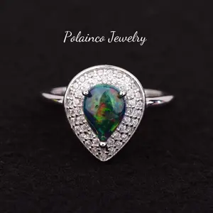 Teardrop Gemstone Halo Ring for Women – White Gold Plated S925 Sterling Silver – Elegant Pear-Shaped Center Stone with Micro-Pavé Setting – Non Tarnish Jewelry with Black Opal, Moissanite, Rose Quartz, Smoky Quartz, Citrine & More