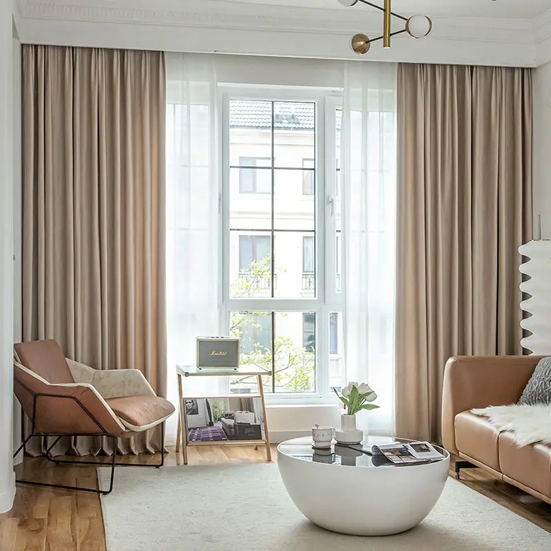 French Simple Milk Tea Color Luxurious Velvet Curtains, Finished Balcony Sunshade Drapes, Fashionable Living Room Hole Curtain, Grommet Curtains, Home Decoration Curtain, Home Decorative Curtain, Window Drapes