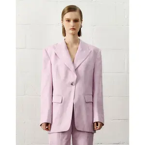 URBAN REVIVO 2026 Spring Lady's Chic Long-Sleeve Thick Oversized Suit Blazer - Peaked Lapel, Tailored, Comfortable Linen-Blend Polyester-Cotton-Viscose Fabric, Loose-Fit, Basic Clothes, Style UWJ140006