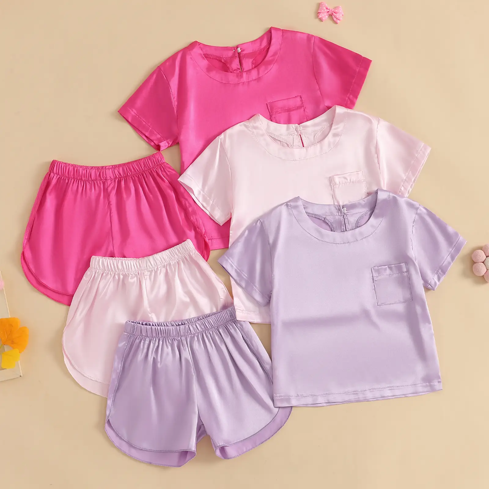 Canrulo Kids Toddler Girls Satin Pajamas Short Sleeve Tops Shorts Summer Pjs 2-Piece Solid Silk Pajama for Children Size 4-13