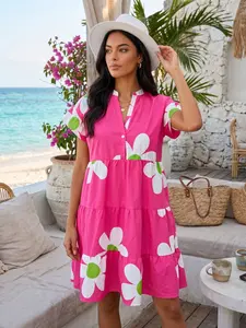 Hot Daisy Print Ruffle Sleeve Button Tiered Mini Dress, Casual Flowy A-Line Beach Dress for Women, Summer Vacation Fashion