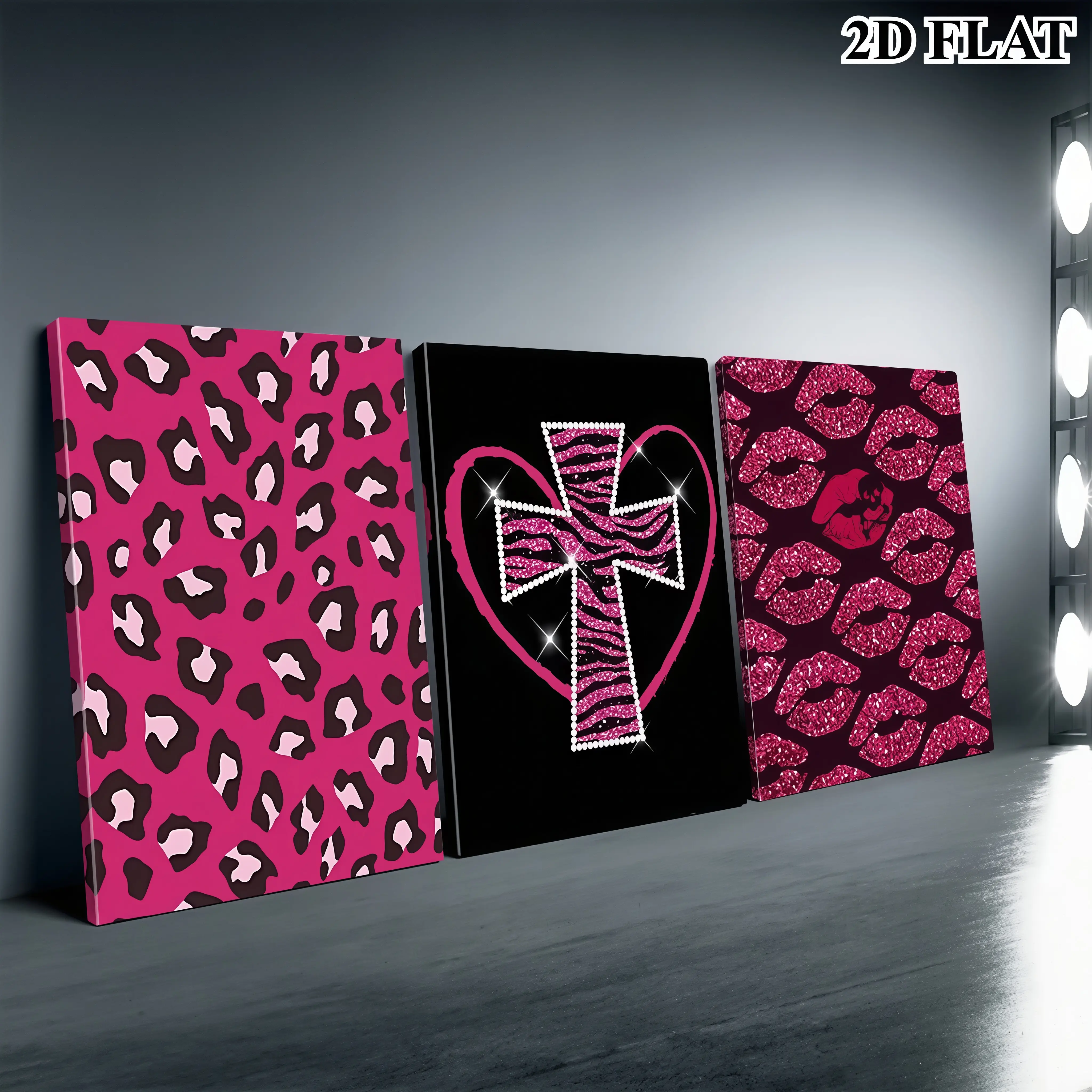 3PCS Unframed Modern Canvas Wall Art Set - Artistic Glossy Finish Pink & Black Hearts & Lips Decor, Contemporary Pop Art for Living Room, Ideal Housewarming Gift
