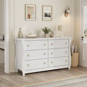 Modern 6-Drawer Wooden Dresser for Bedroom,Sturdy Wide TV Standing with Curved Legs and Rattan Accents,Large Capacity Freestanding Storage for Living Room, Bedroom, Entryway, or Balcony