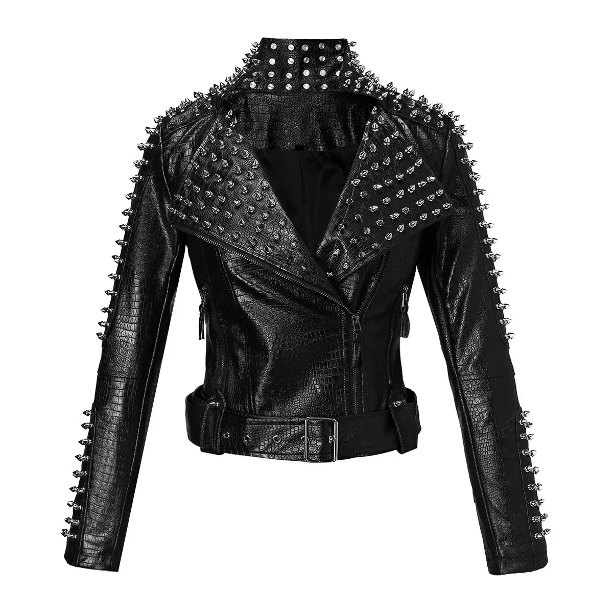 Zipper Genuine Leather V-Neck Slim-Fit Long-Sleeved Street Trendy Solid Pattern Button Women's Jackets