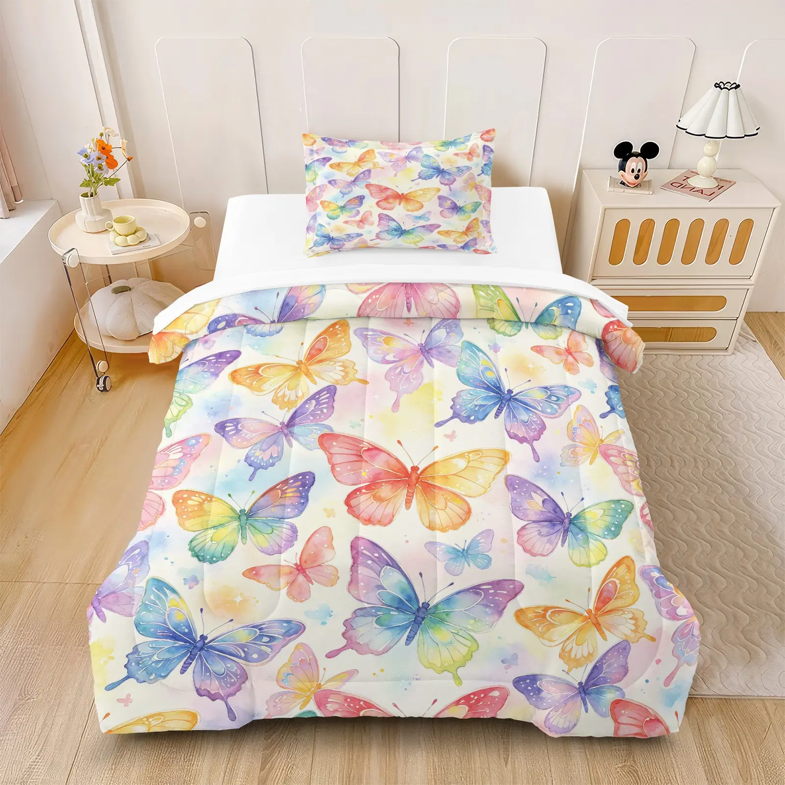2/3Pcs Multi-style Watercolor Butterfly Quilted Comforter Set, Girly Style, Thickened Warm All Season Bedding Set, for Butterfly Enthusiasts Bedroom, Dorm, Rental House, Home Use, Comforter With Filling, Pillowcases Without Filling