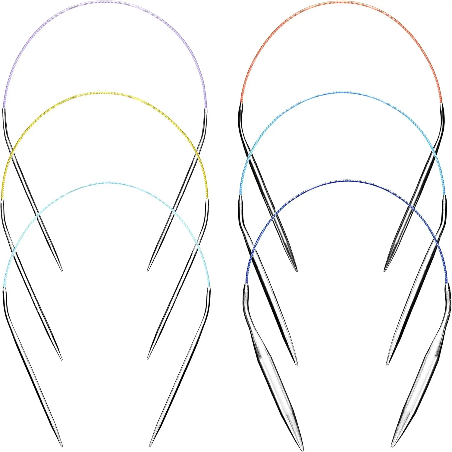 16 Inch Circular Knitting Needles Set, US 0 2.5 6 8 10 13, Metal Six Etched Sizes with Color-Coded Cables and Smooth Joins for Hats, Sleeves, Cuffs and Small-Round Knitting