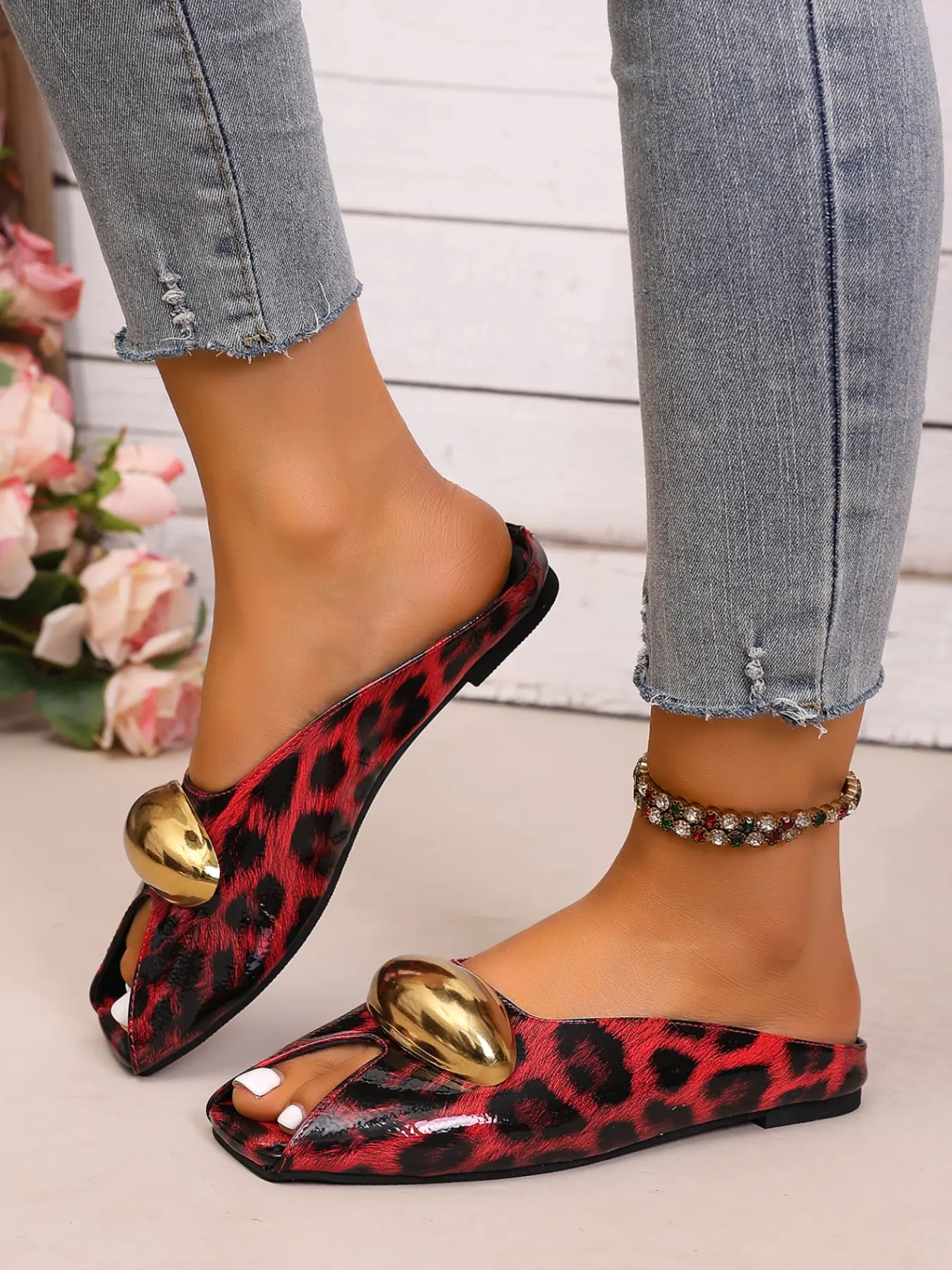 Women's Leopard Print Fish Mouth Flat Sandals, Slip On Sandals, Open Toe Mules, Metal Buckle Decoration, Square Toe Backless Mules, Comfortable & Stylish Footwear, Metallic, Shoes Mules