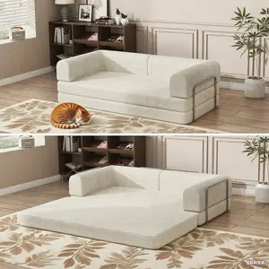 Beige Corduroy Sleeper Sofa Bed,Folding Mattress Couch with Fixed-Shape Frame, 3 Seater Fold Out King Size Futon,No Assembly Floor Couch for Living Room Dorm Studio 78.7*39.4*29.6 Inch