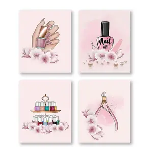 [2D Flat No Frame]4-Pack Fashion Manicure Posters, 8x10inch Pink Aesthetic Wall Art, Frameless Nail Salon Decor, Unframed Beauty Theme Pictures for Salon Space Decoration, Floral Aesthetic Pattern