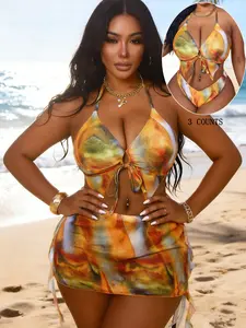 Women's New European Style Plus Size Colorful Print Halter Tie Bikini Set with Cover Skirt, Three-Piece Swimwear for Beach Pool, Swimsuit Bikini Outfits Halter Neck Bikini Bathing Suit