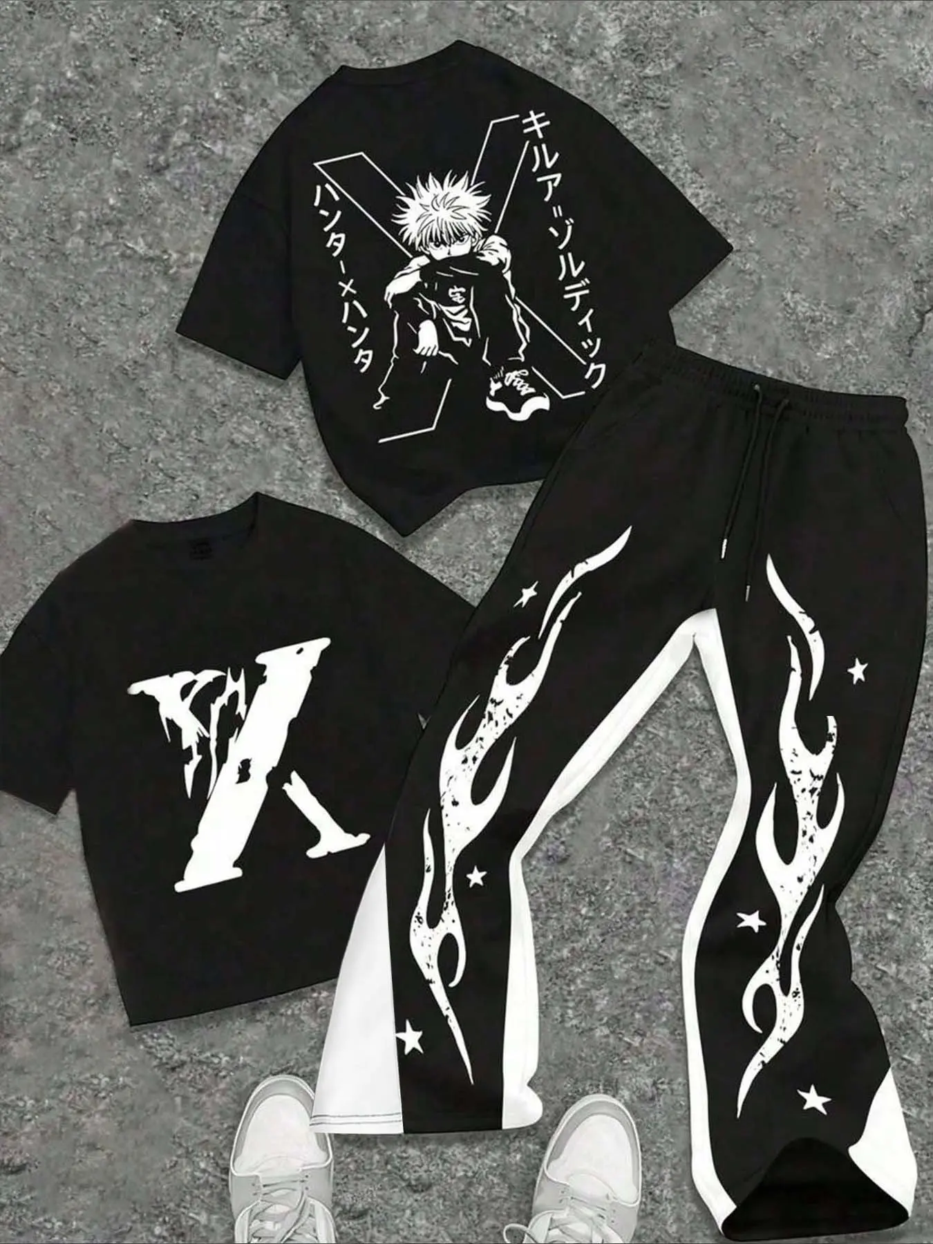 Anime Suit Set, Killua Print, and Contrast, Short Sleeve + Micro Flare Pants, Casual Fall & Winter Fashion, Hunter X Hunter Fans