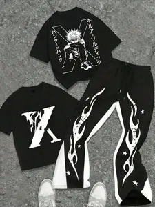 Anime Suit Set, Killua Print, and Contrast, Short Sleeve + Micro Flare Pants, Casual Fall & Winter Fashion, Hunter X Hunter Fans